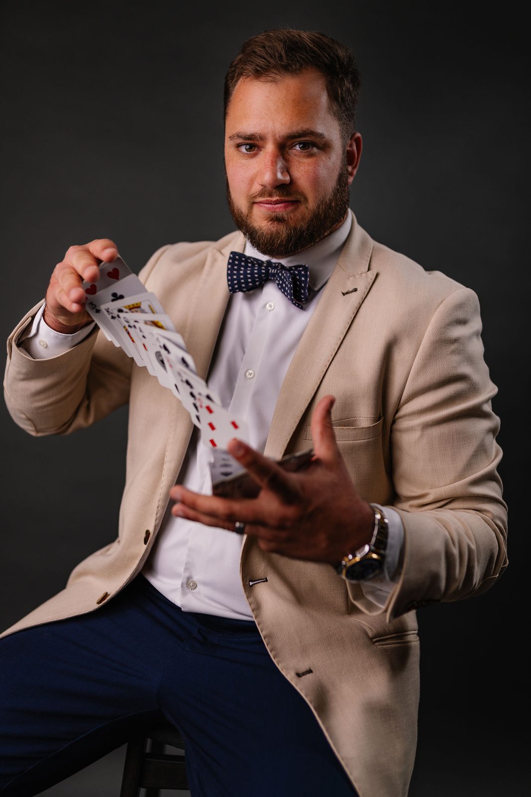 Aaron Baca with a cascade of cards